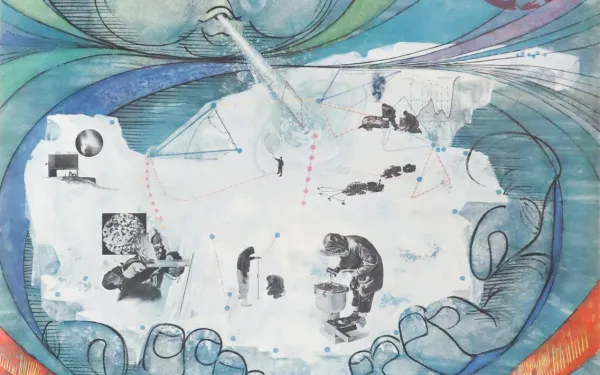 Mixed media poster The Poles by Herbert Danska depicting polar scientists conducting field research.in whites and blues